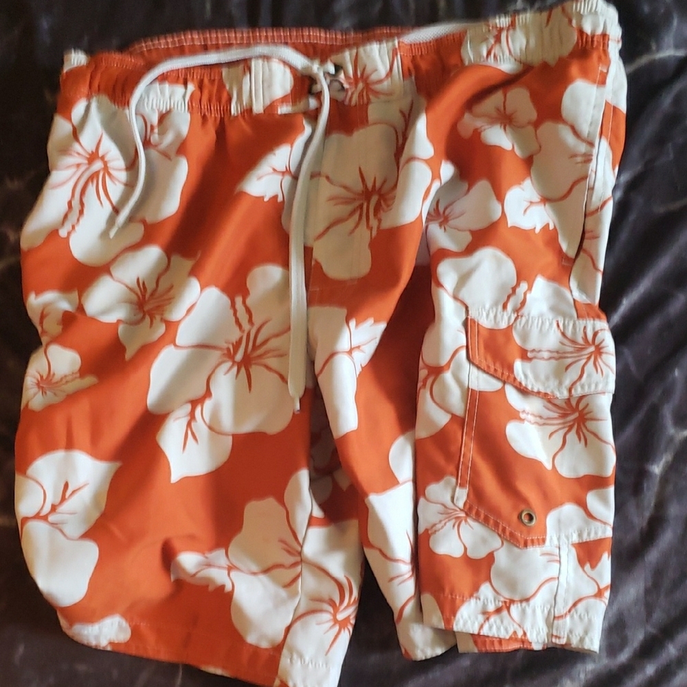 Sonoma Vibrant Orange Swim Trunks Hawaiian Orange Floral Flowers Excellent Large - Picture 9 of 15